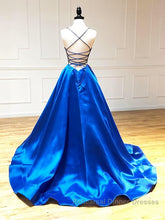 V Neck Royal Blue Backless Semi Formal Prom Dresses, Royal Blue Backless Formal Graduation Evening Dresses